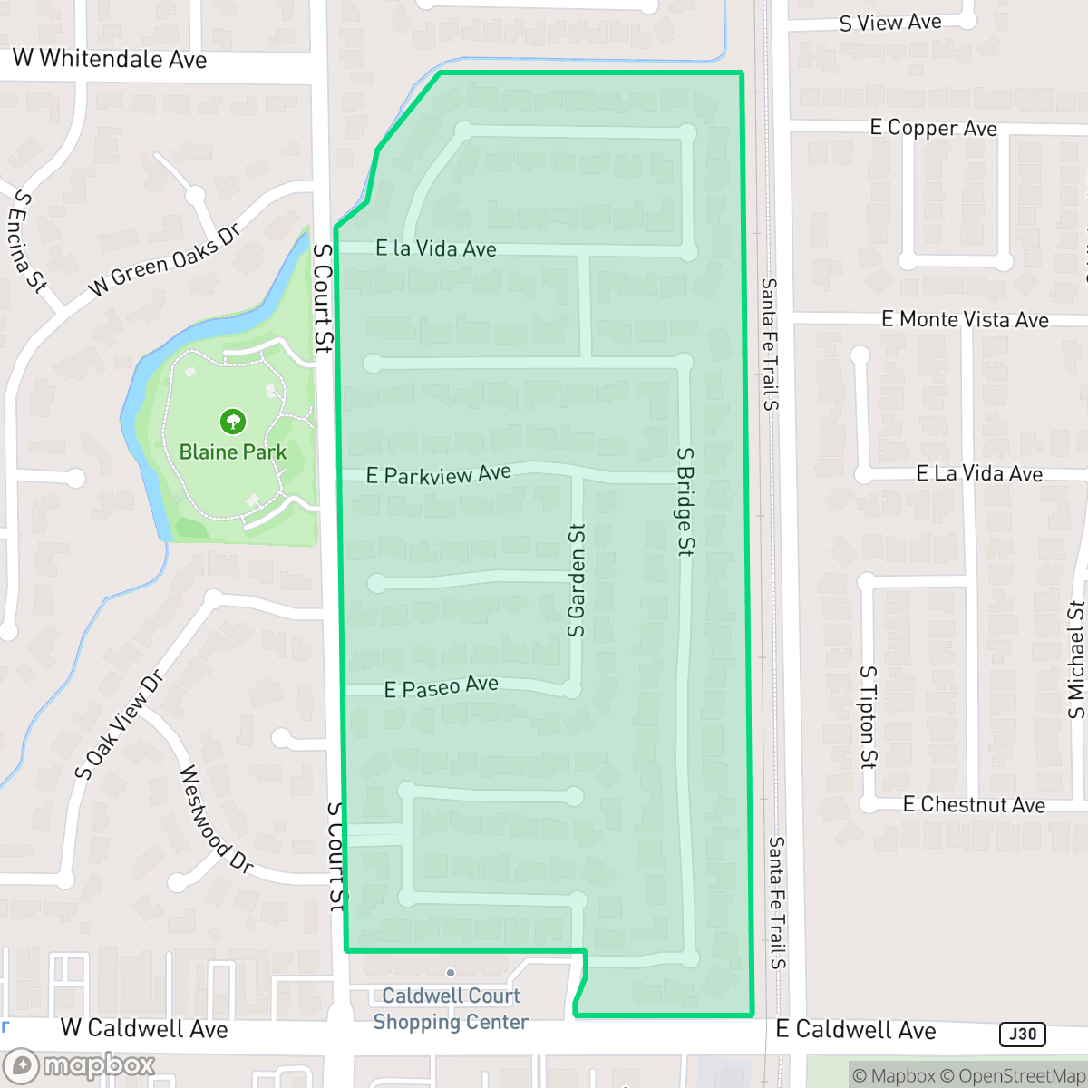 Map showing the location of Packwood Creek Estates, Visalia, CA