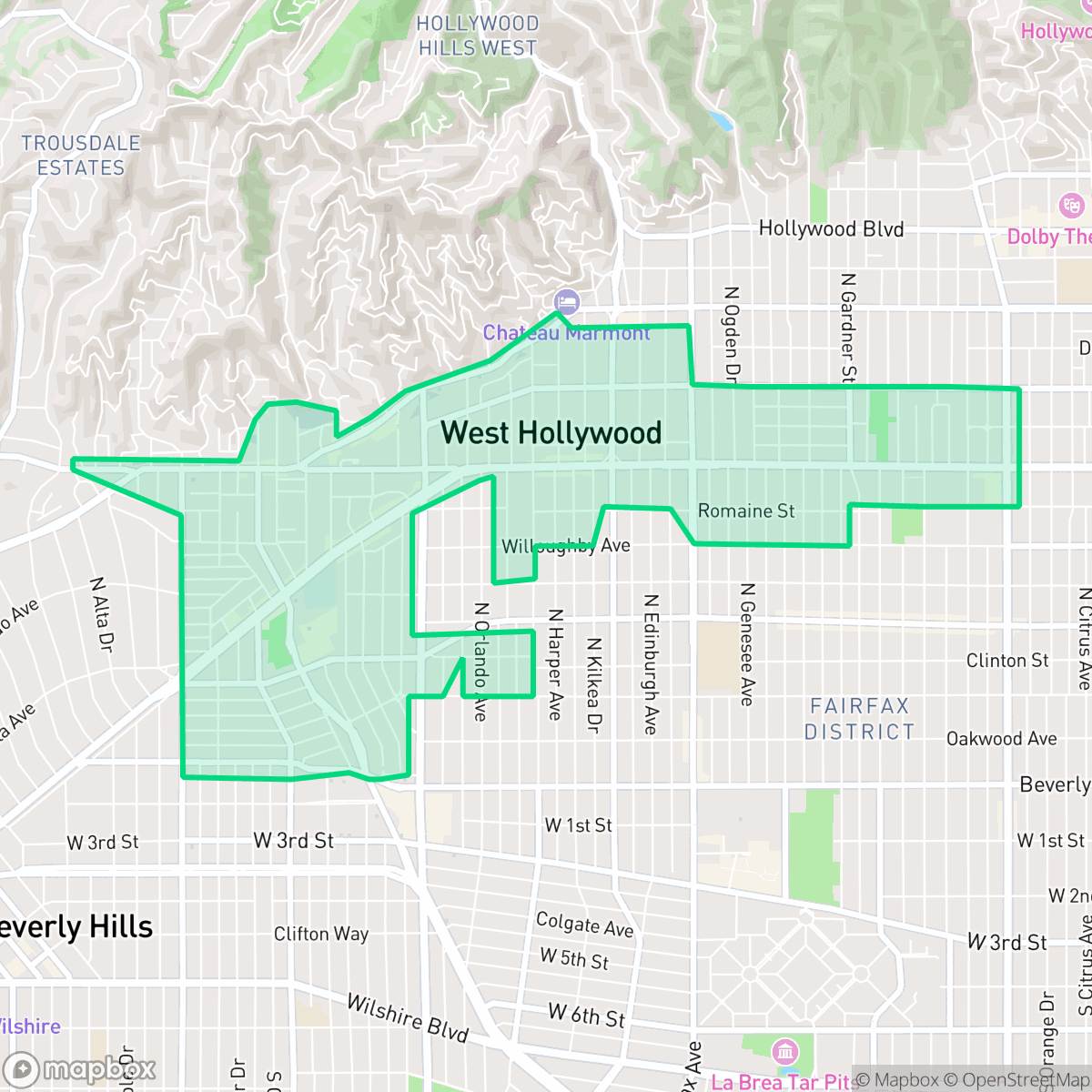 Map showing the location of West Hollywood, CA — coverage area