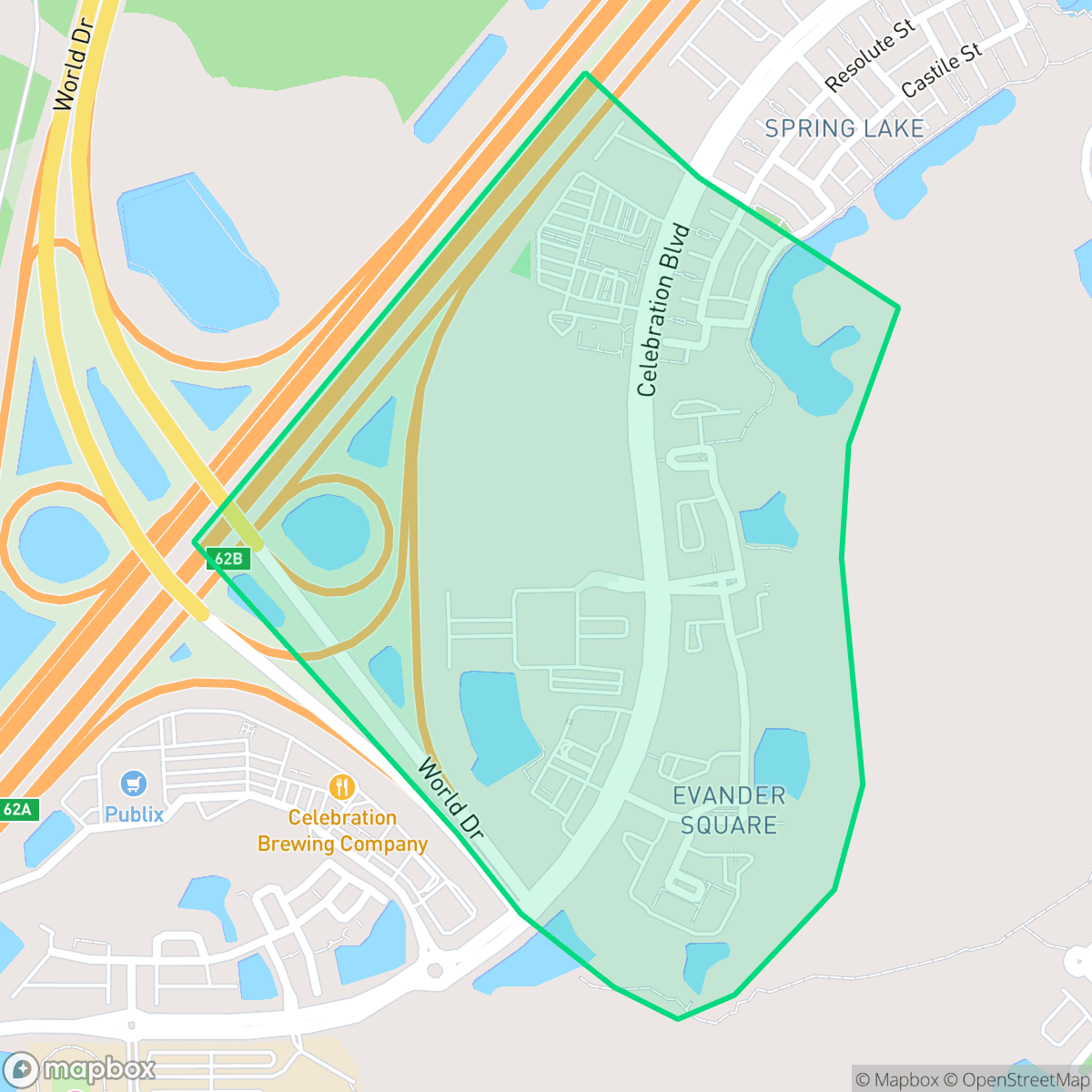 Map showing the location of Evander Square, Celebration, FL