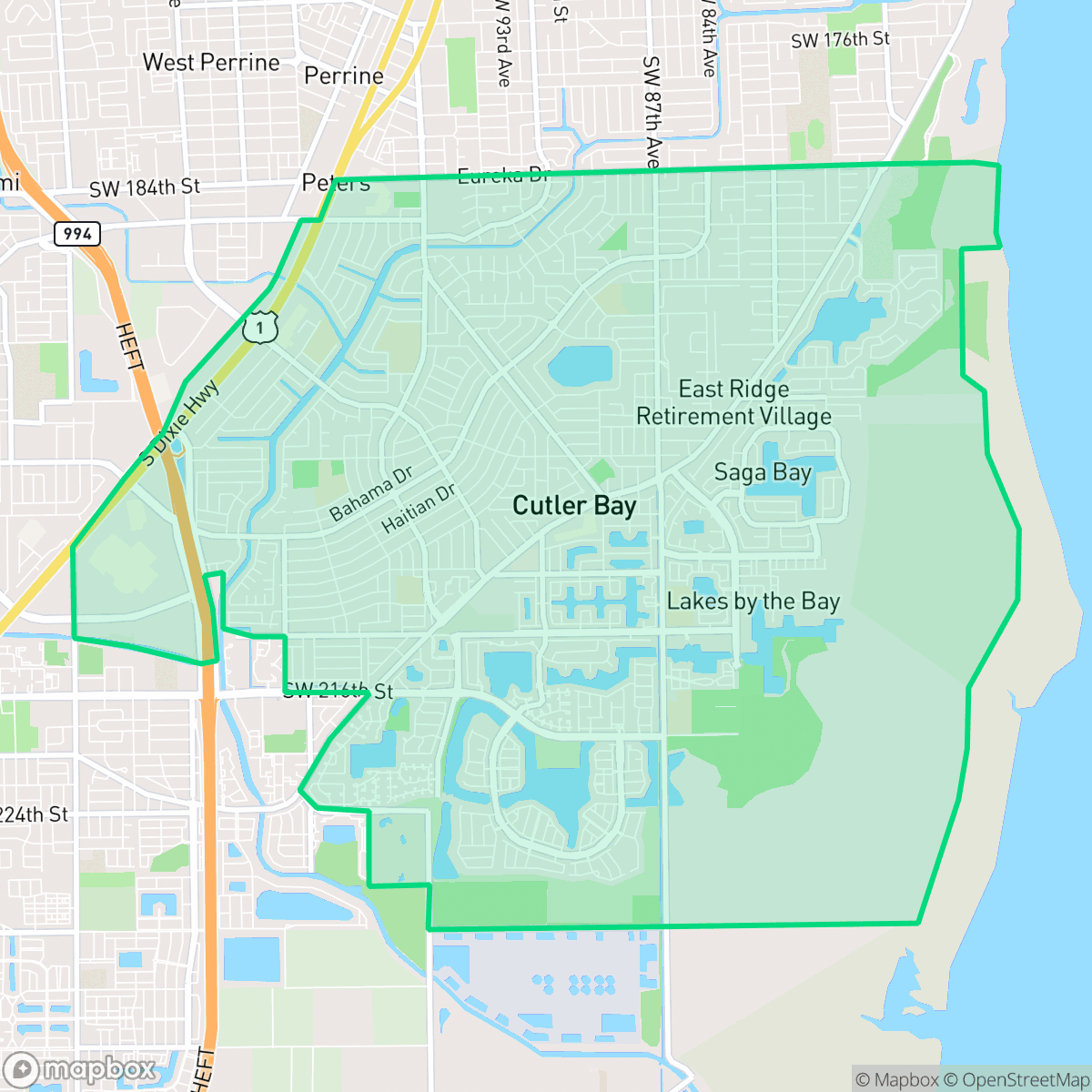 Map showing the location of Cutler Bay, FL — coverage area