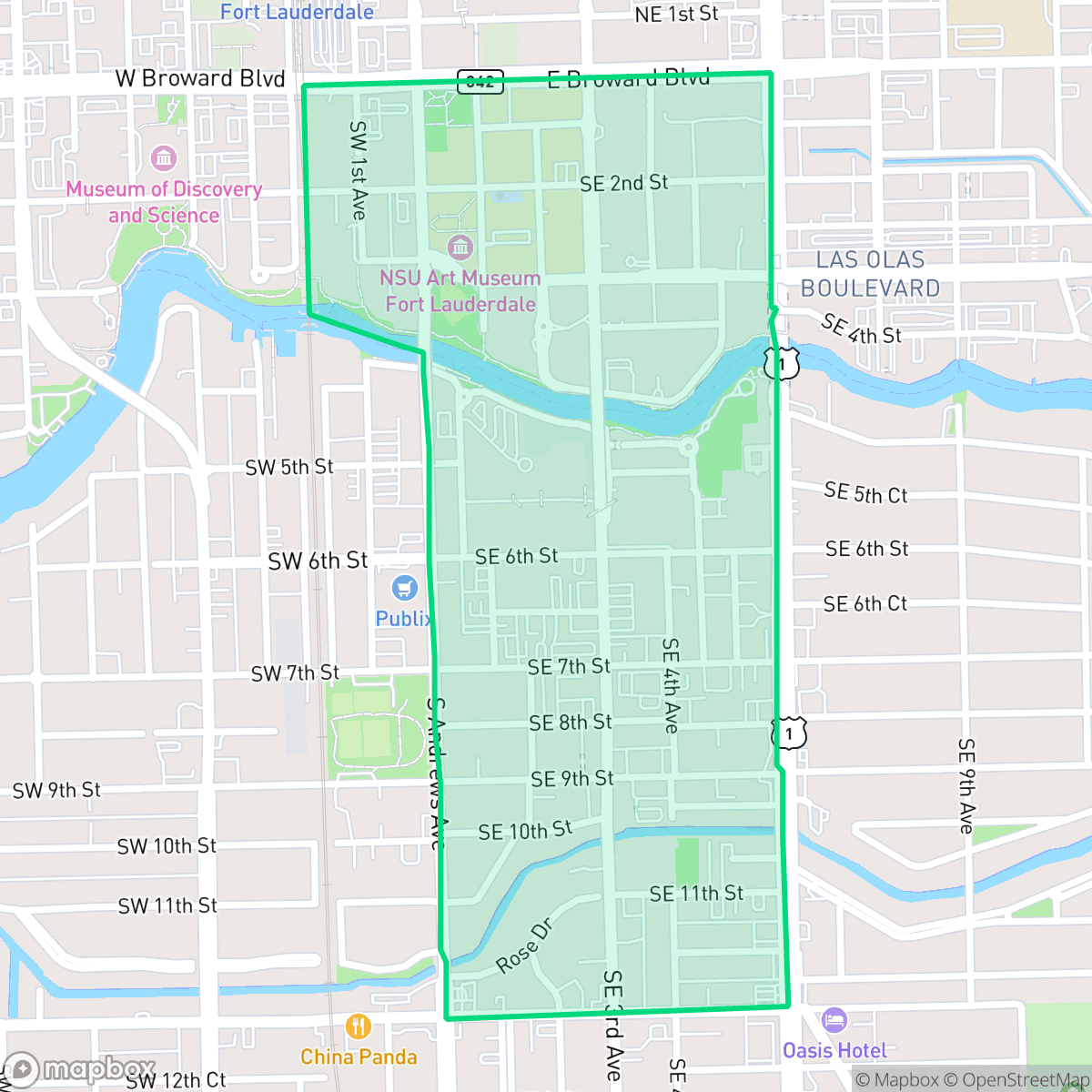 Map showing the location of Downtown, Fort Lauderdale, FL