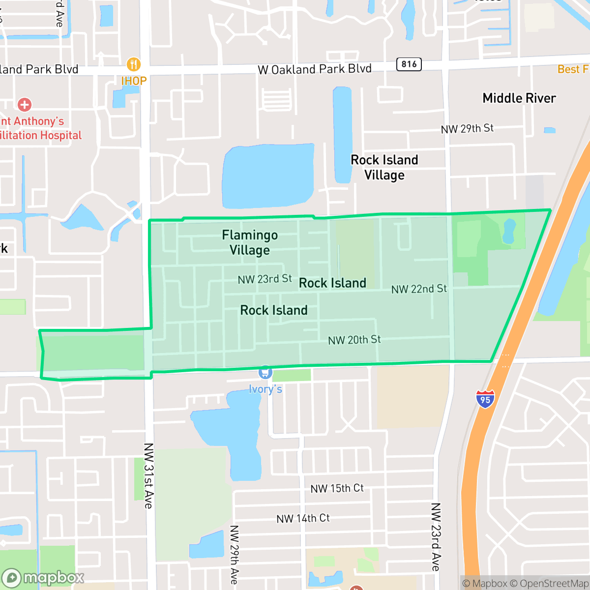 Map showing the location of Rock Island, Fort Lauderdale, FL