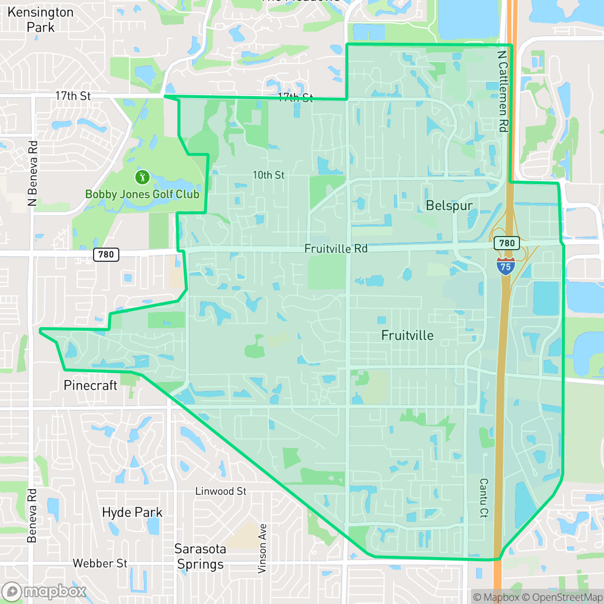 Map showing the location of Fruitville, FL — coverage area