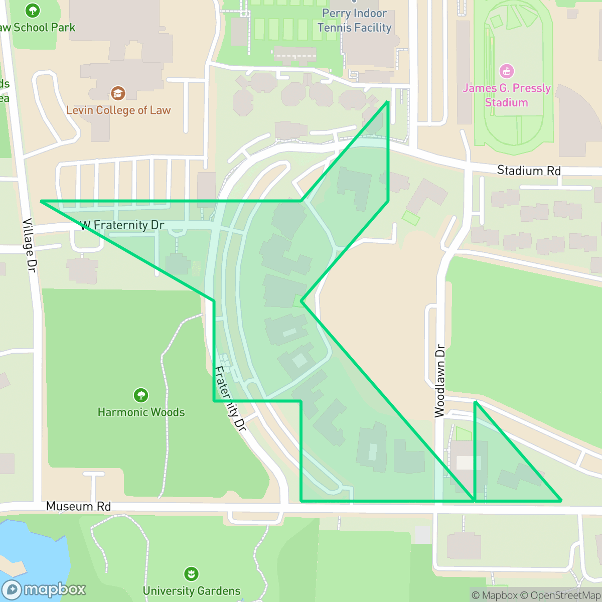 Map showing the location of Fraternity Row, Gainesville, FL