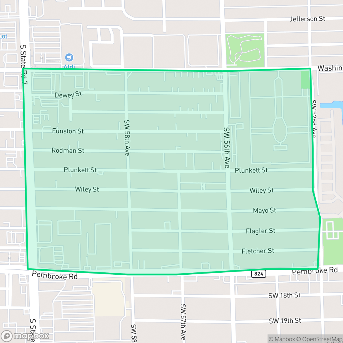 Map showing the location of Washington Park, Hollywood, FL