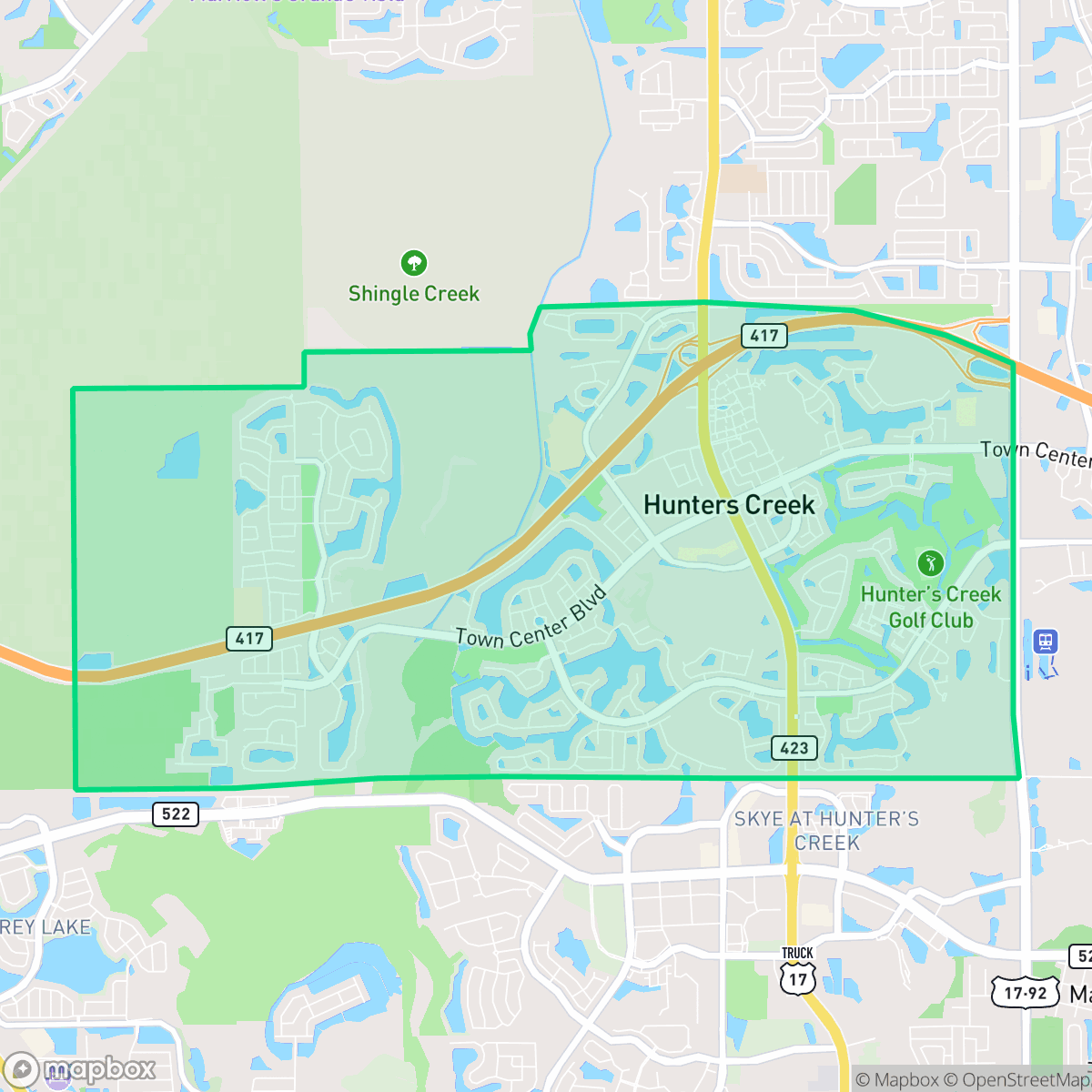 Map showing the location of Hunters Creek, FL — coverage area