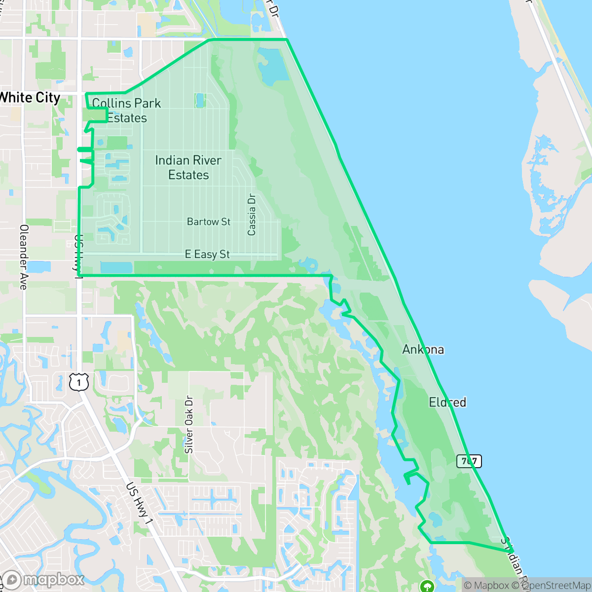 Map showing the location of Indian River Estates, FL — coverage area