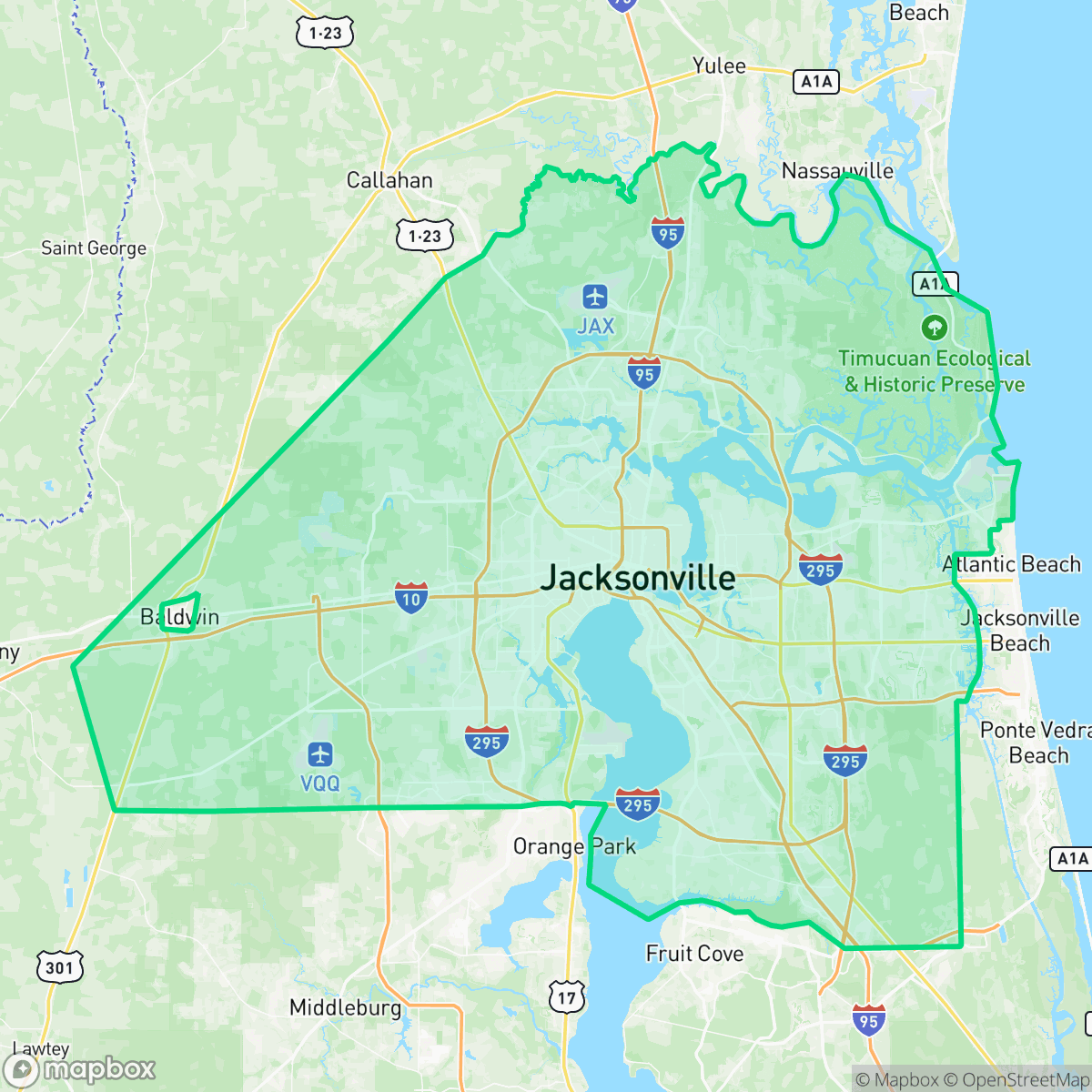 Map showing the location of Jacksonville, FL — coverage area