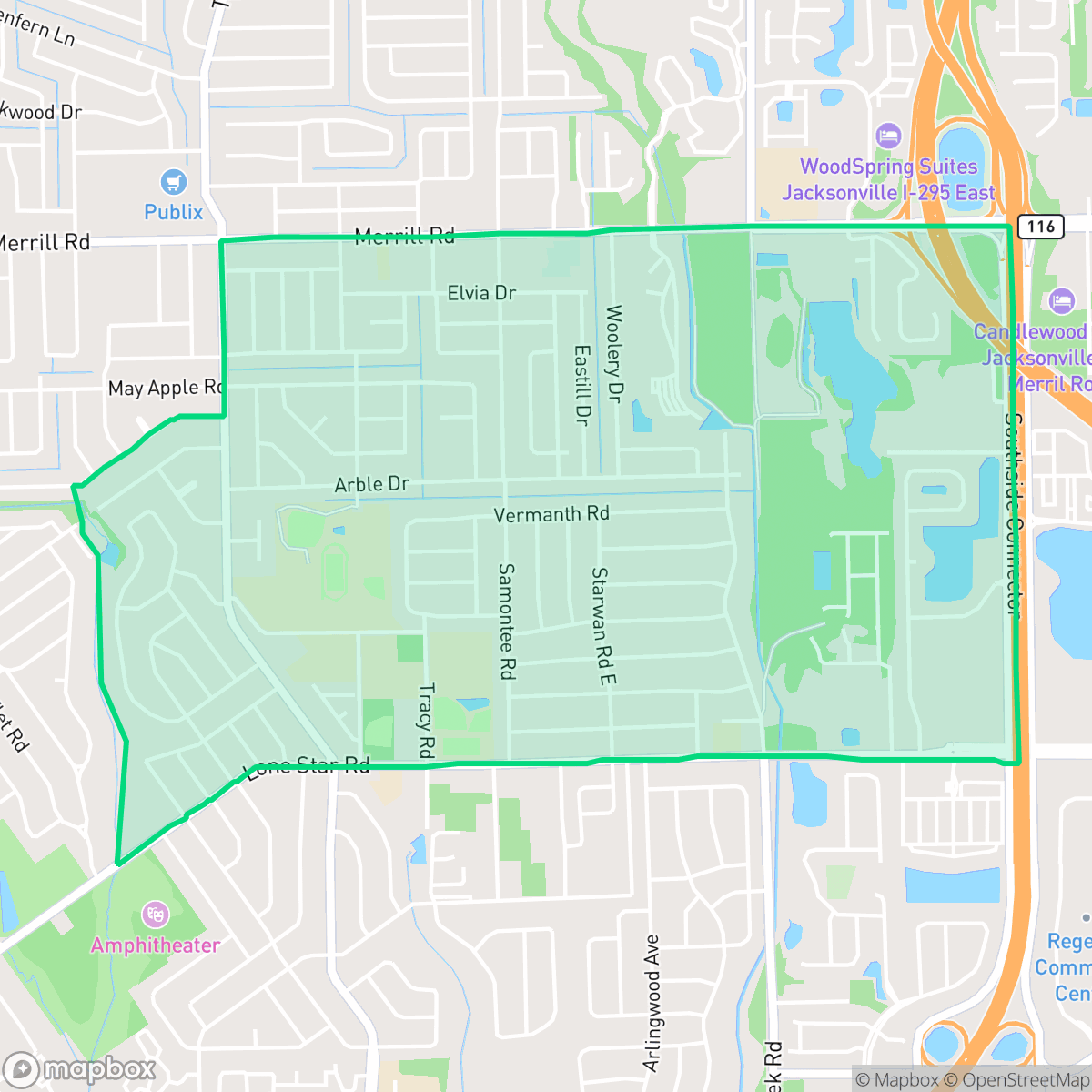 Map showing the location of Arlingwood, Jacksonville, FL
