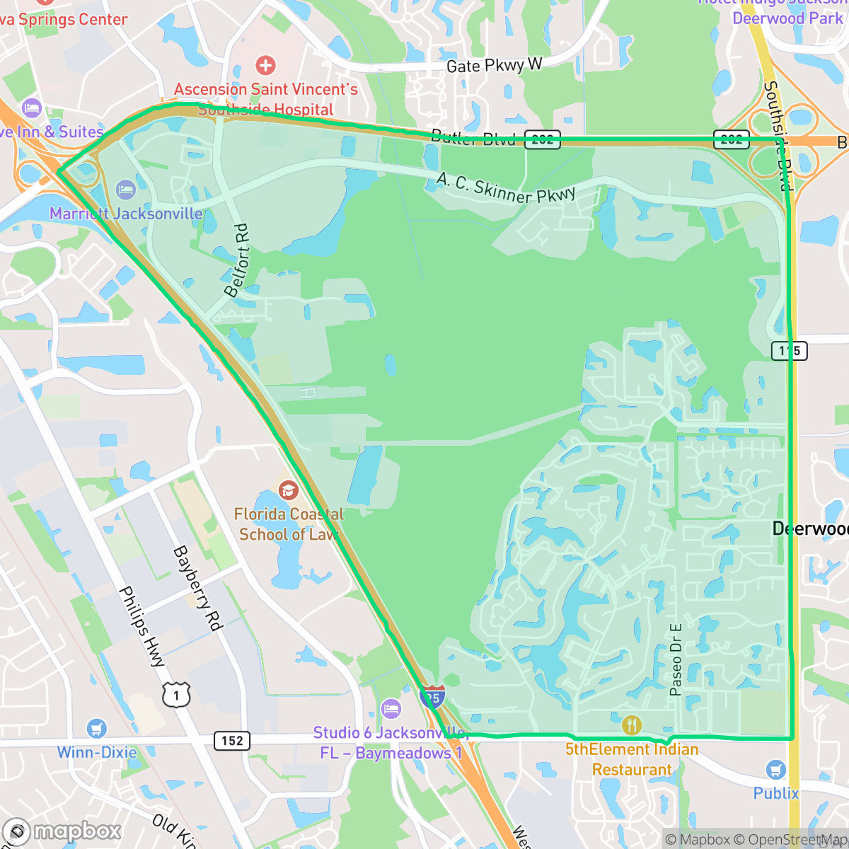 Map showing the location of Baymeadows, Jacksonville, FL