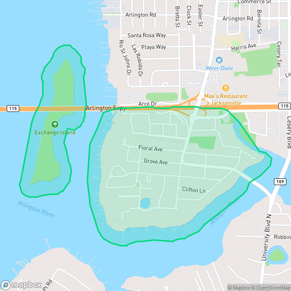 Map showing the location of Clifton, Jacksonville, FL