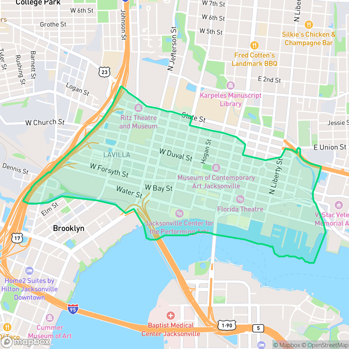 Map showing the location of Downtown Jacksonville, Jacksonville, FL