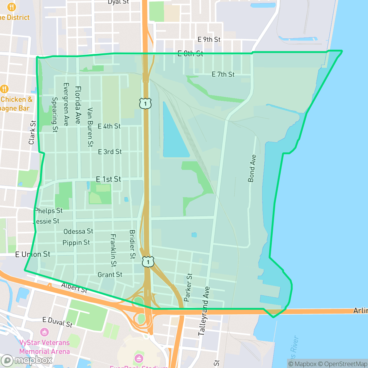 Map showing the location of East Jacksonville, Jacksonville, FL