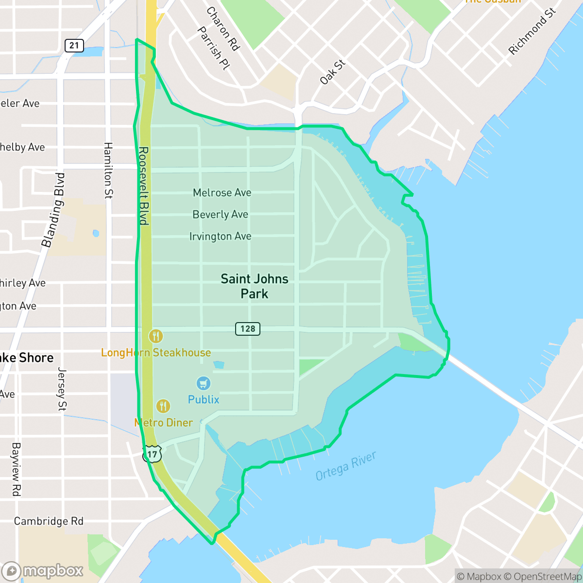 Map showing the location of Fairfax, Jacksonville, FL