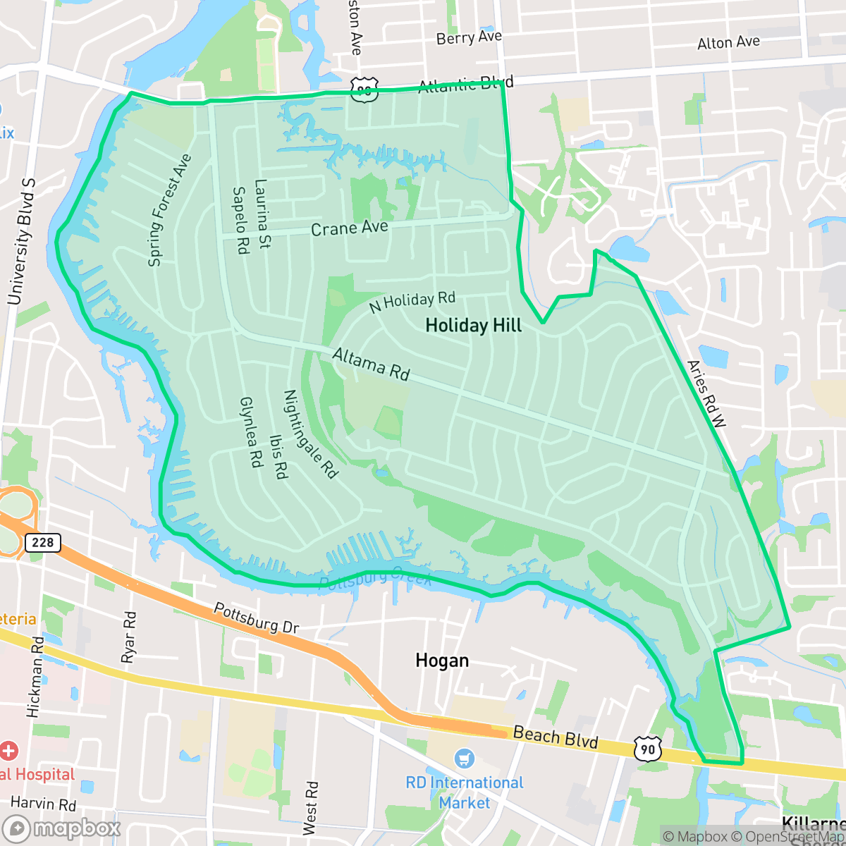 Map showing the location of Glynlea - Grove Park, Jacksonville, FL