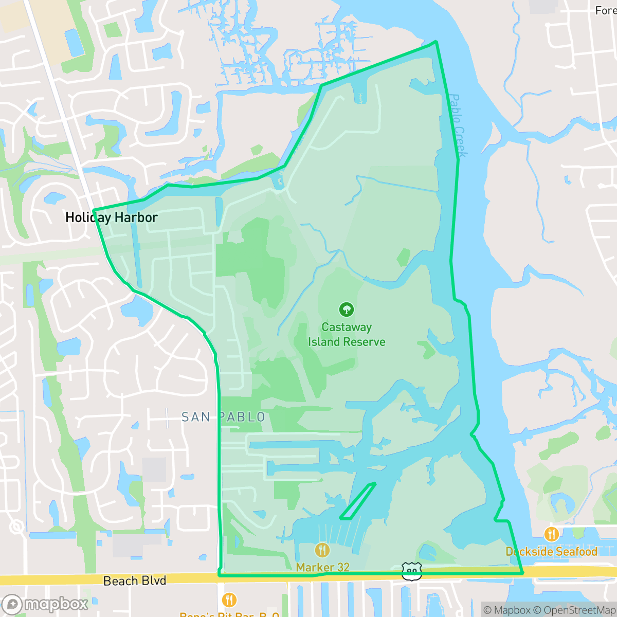 Map showing the location of Holiday Harbors, Jacksonville, FL