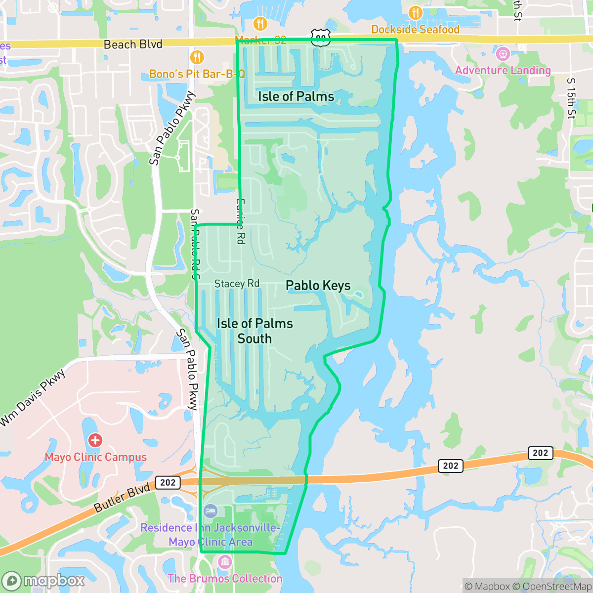 Map showing the location of Isle of Palms, Jacksonville, FL