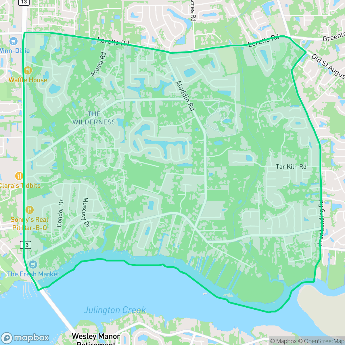 Map showing the location of Julington Creek, Jacksonville, FL