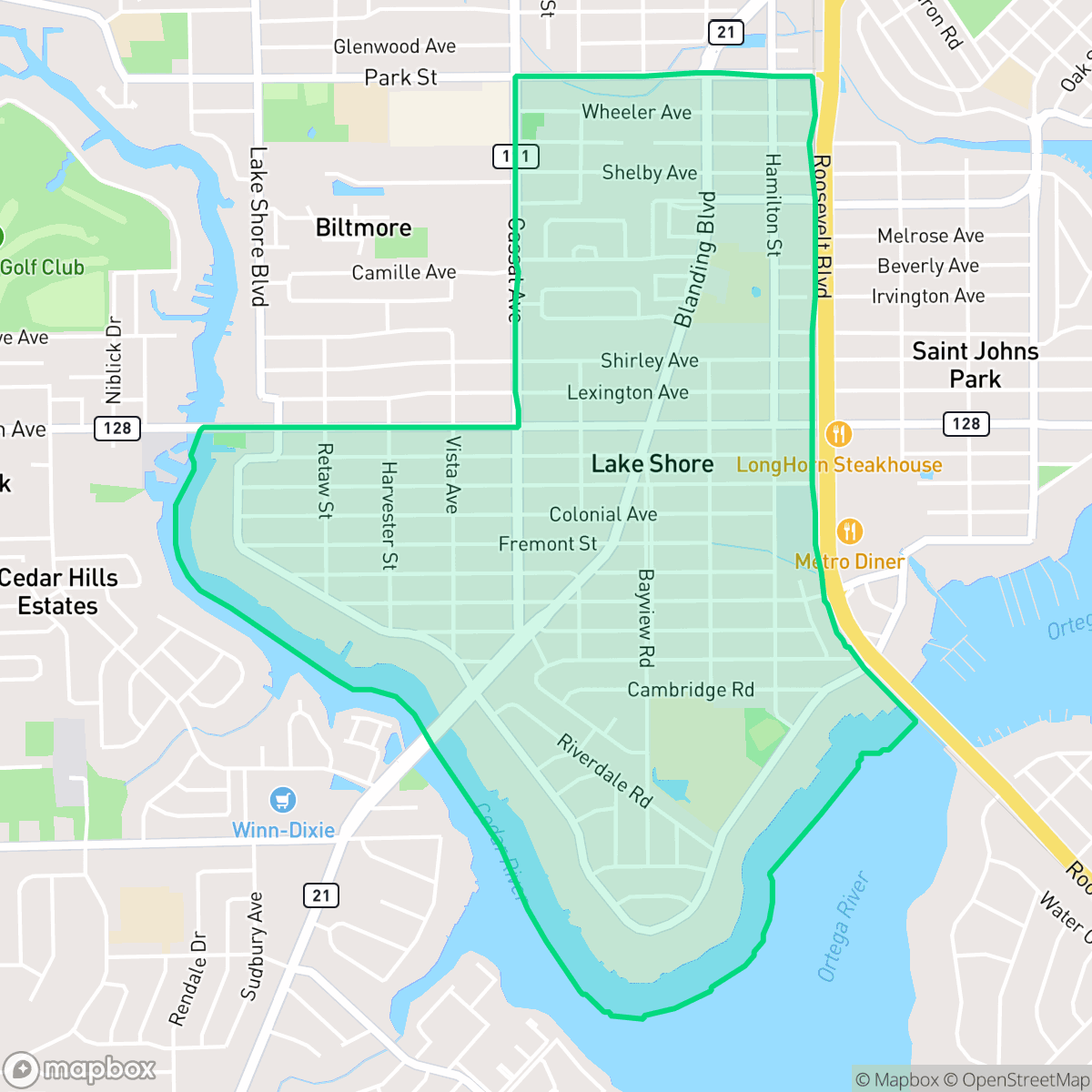 Map showing the location of Lakeshore, Jacksonville, FL
