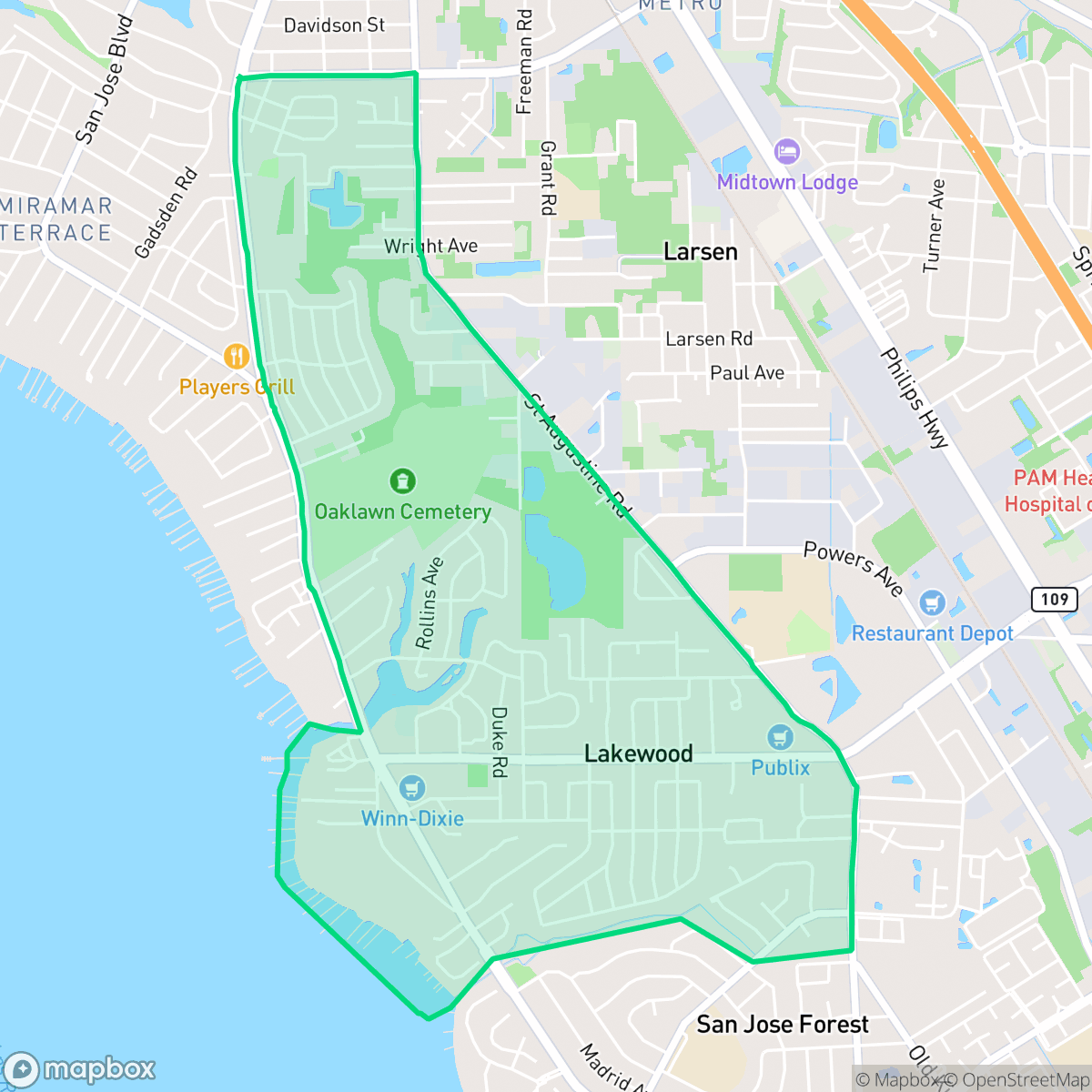 Map showing the location of Lakewood, Jacksonville, FL