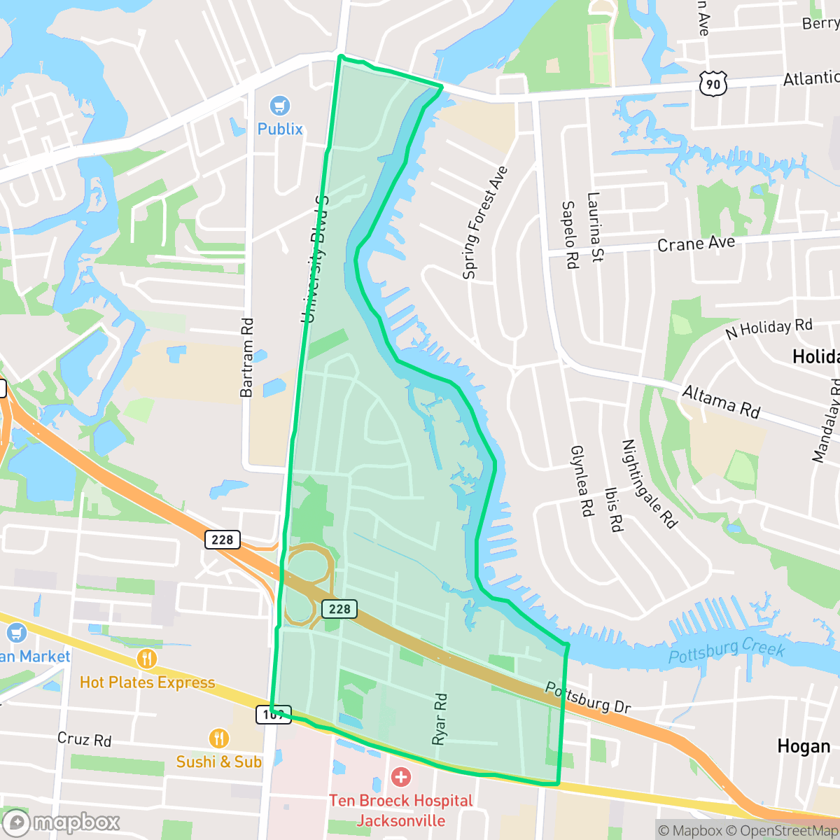 Map showing the location of Love Grove - Riviera Manor, Jacksonville, FL