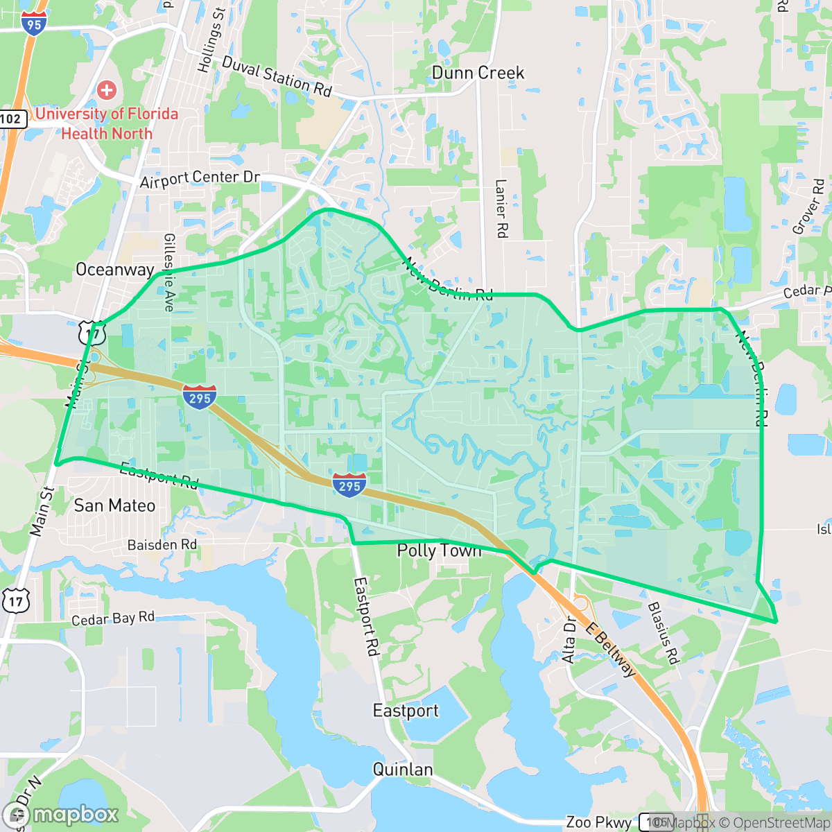 Map showing the location of Oceanway, Jacksonville, FL