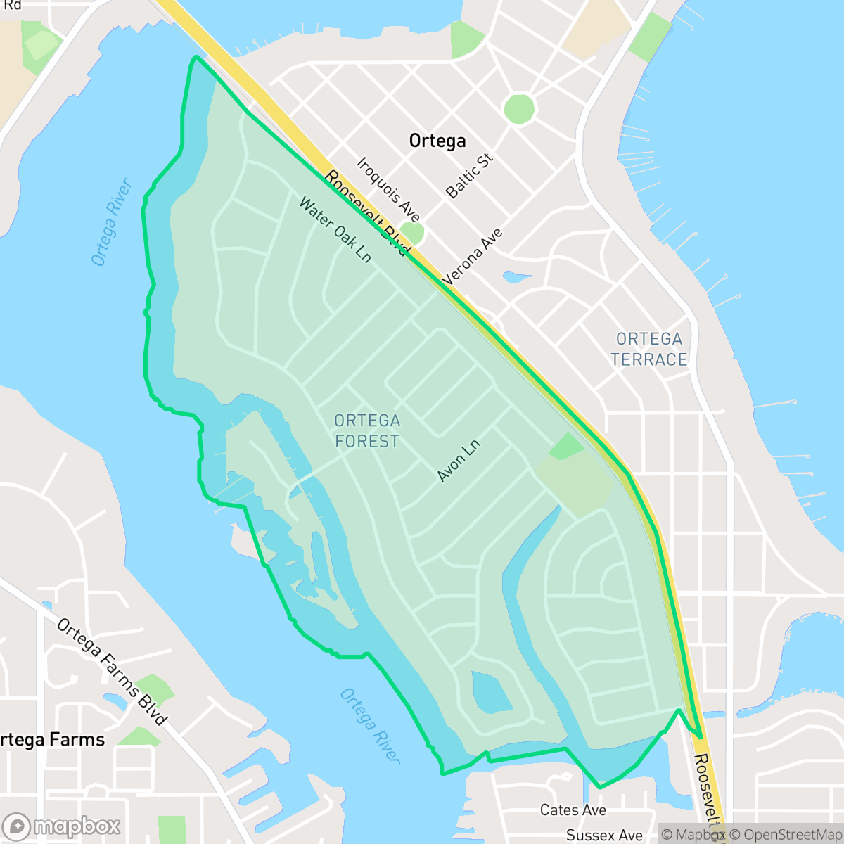 Map showing the location of Ortega Forest, Jacksonville, FL