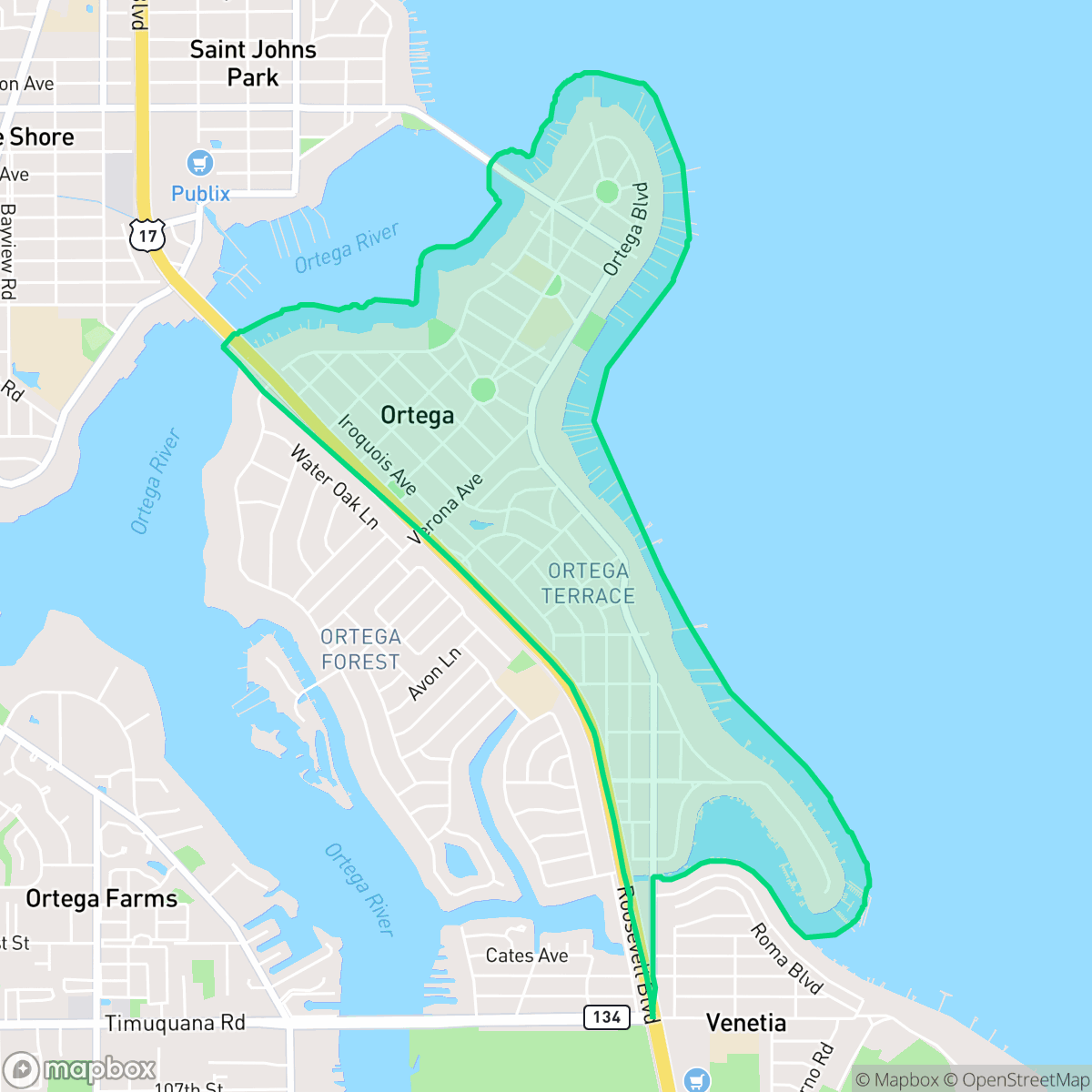 Map showing the location of Ortega, Jacksonville, FL