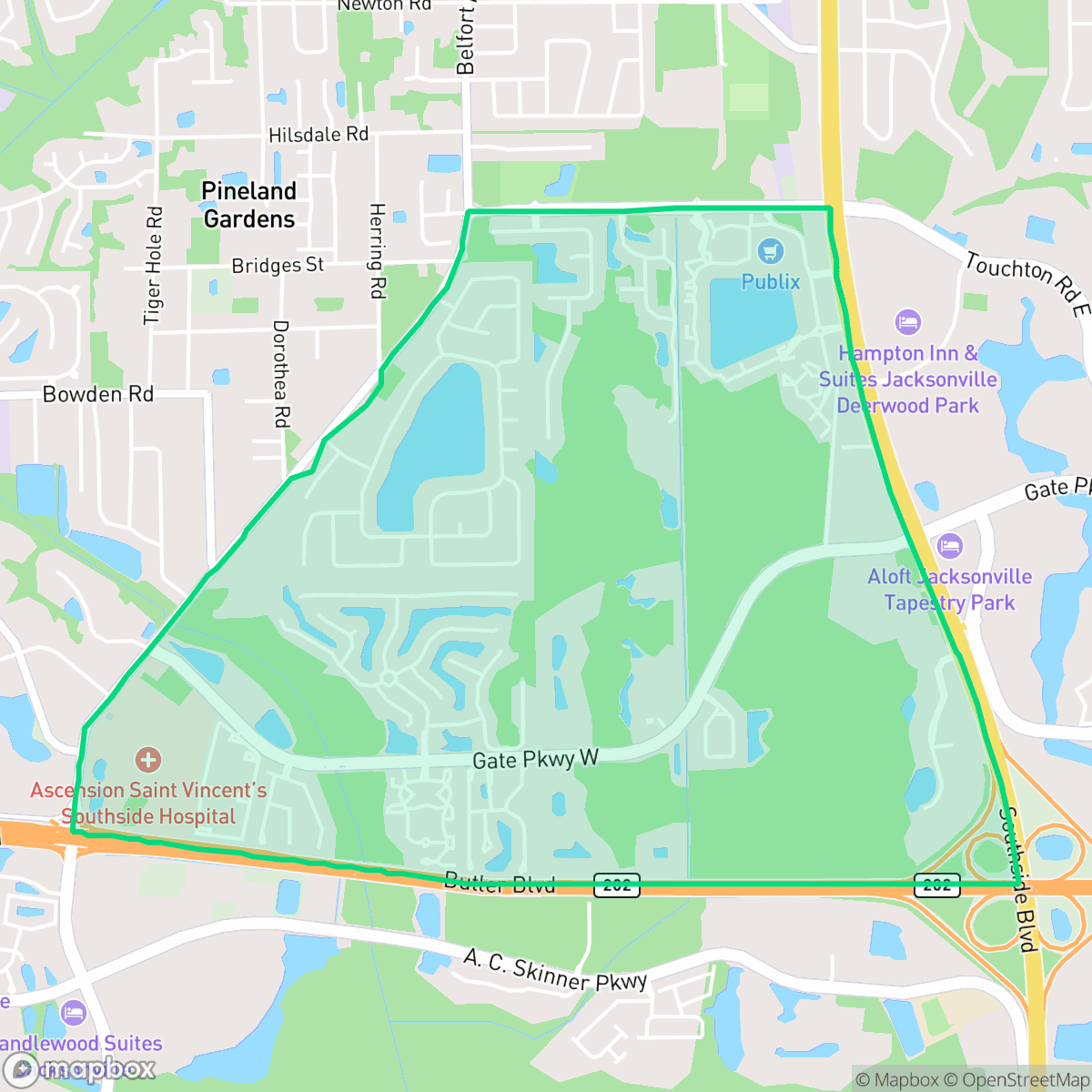 Map showing the location of Secret Cove, Jacksonville, FL