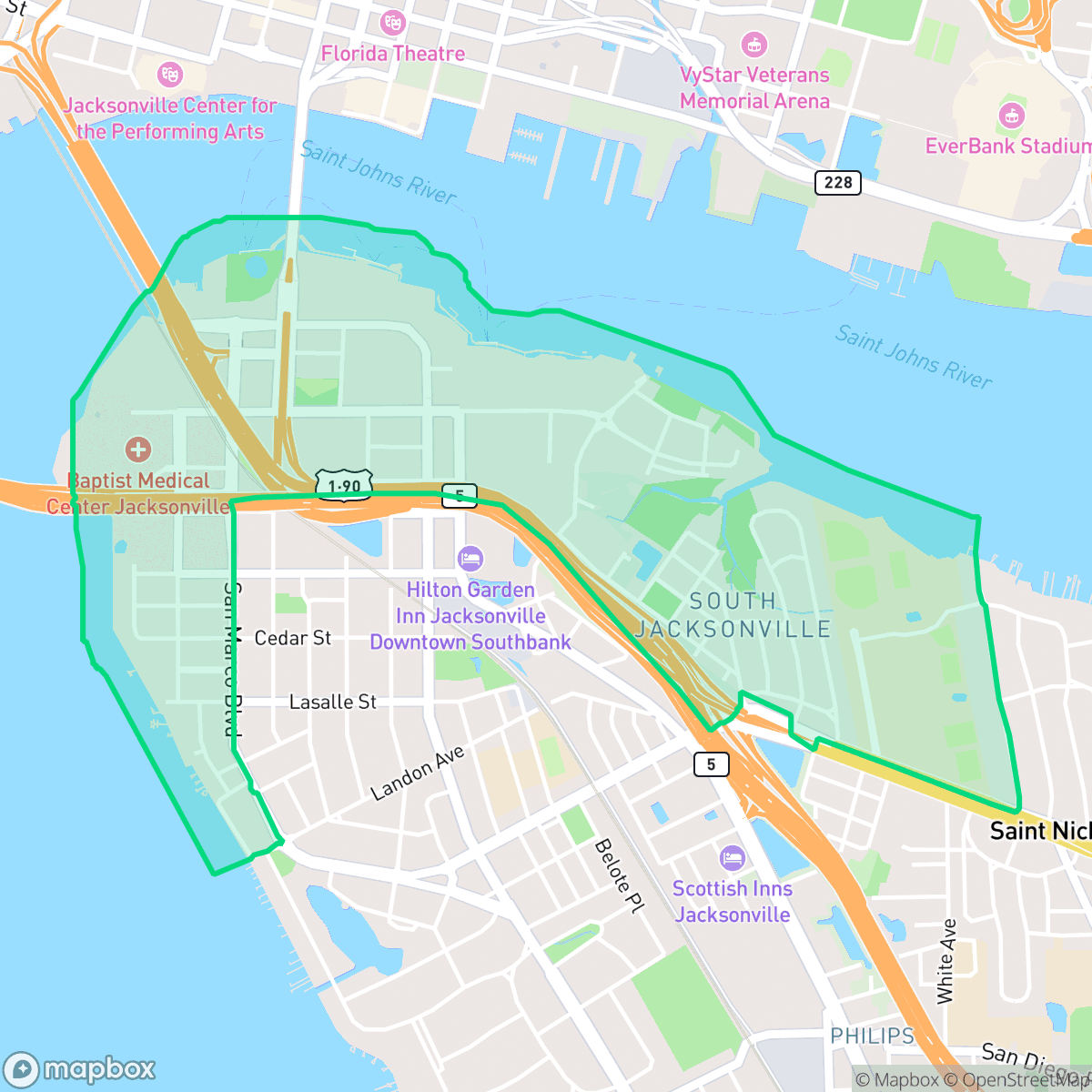 Map showing the location of Southside, Jacksonville, FL