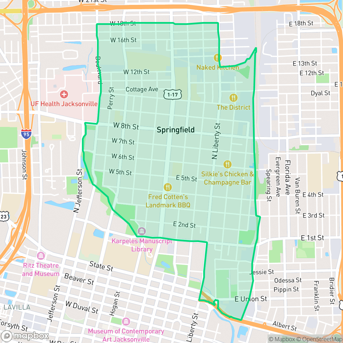 Map showing the location of Springfield, Jacksonville, FL