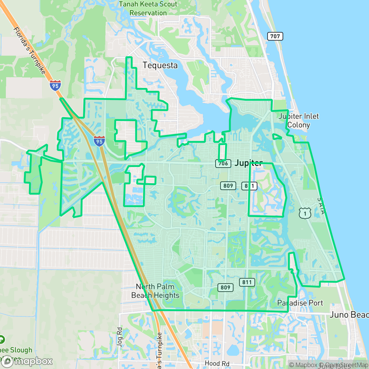 Map showing the location of Jupiter, FL — coverage area