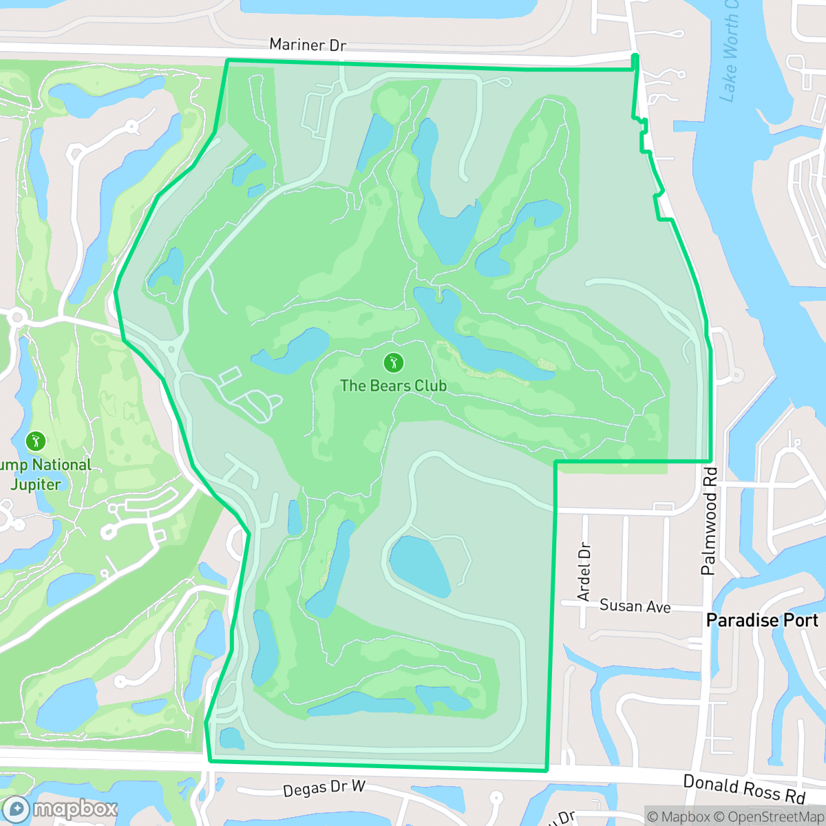 Map showing the location of Bear's Club, Jupiter, FL