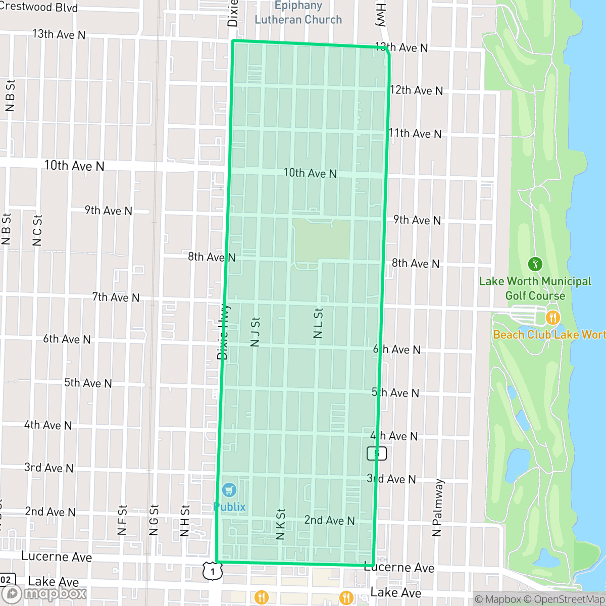 Map showing the location of Mango Groves, Lake Worth Beach, FL