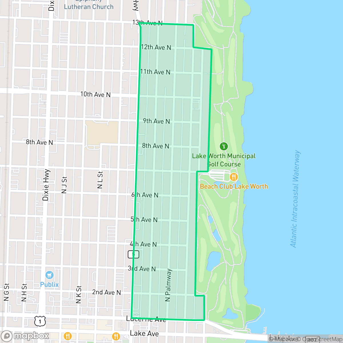 Map showing the location of Parrot Cove, Lake Worth Beach, FL