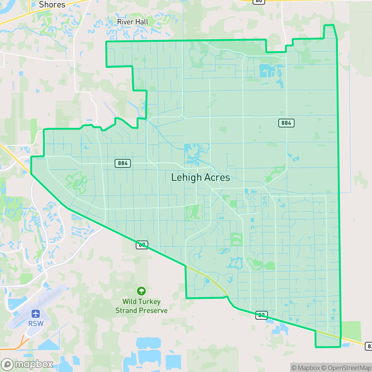Map showing the location of Lehigh Acres, FL — coverage area