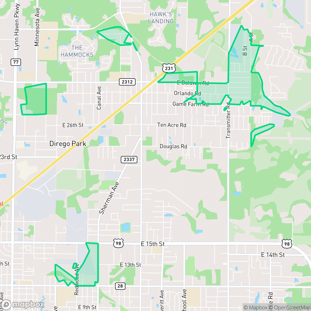Map showing the location of Hiland Park, Lynn Haven, FL