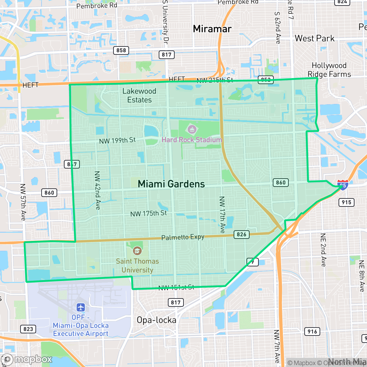 Map showing the location of Miami Gardens, FL — coverage area