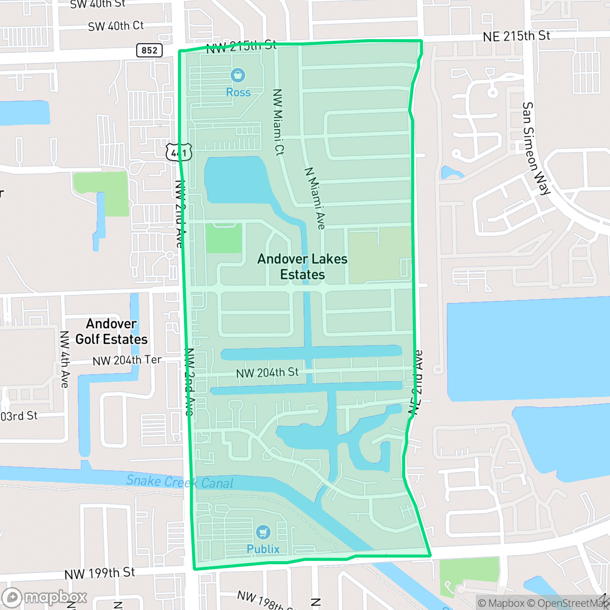 Map showing the location of Andover Lakes, Miami Gardens, FL