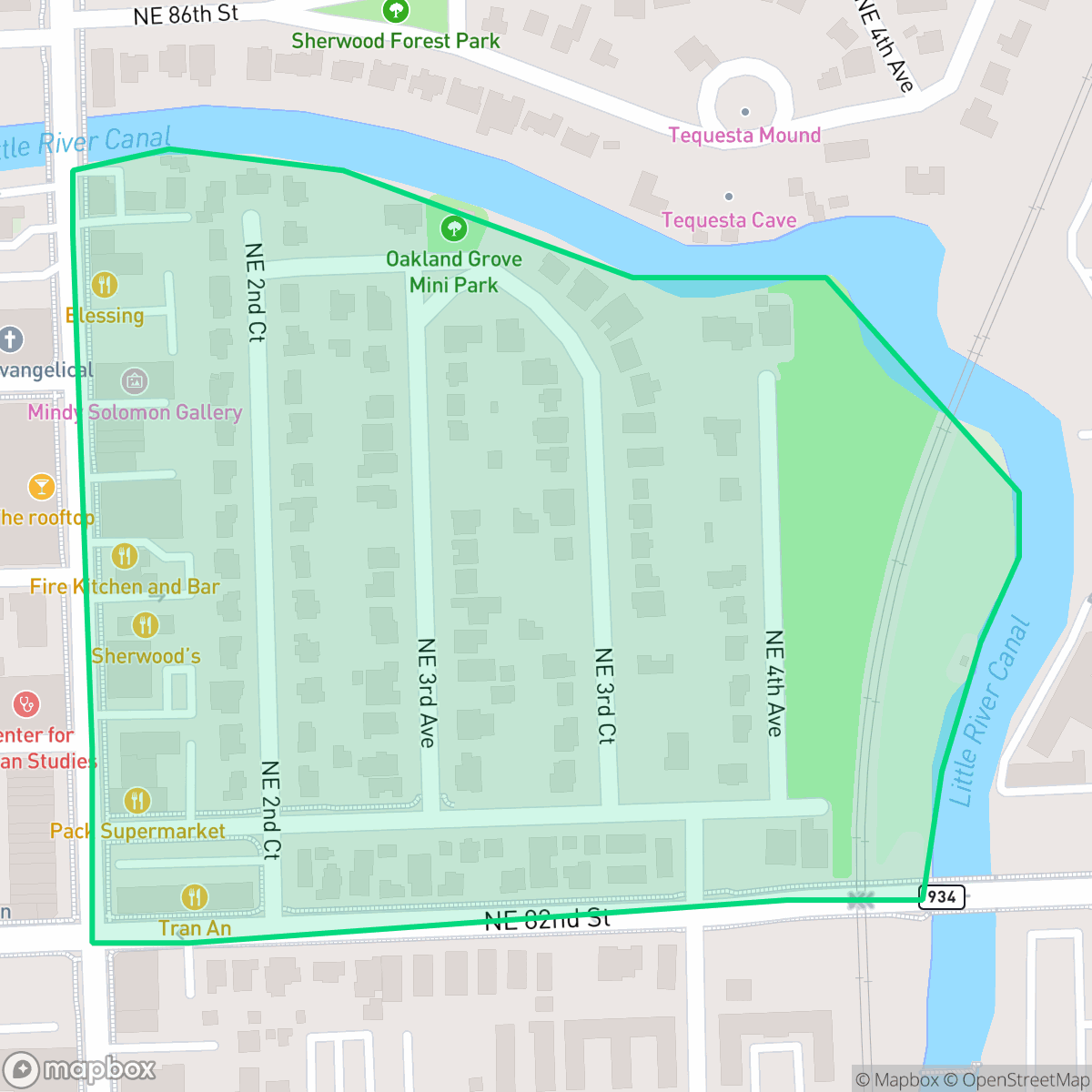 Map showing the location of Oakland Grove, Miami, FL