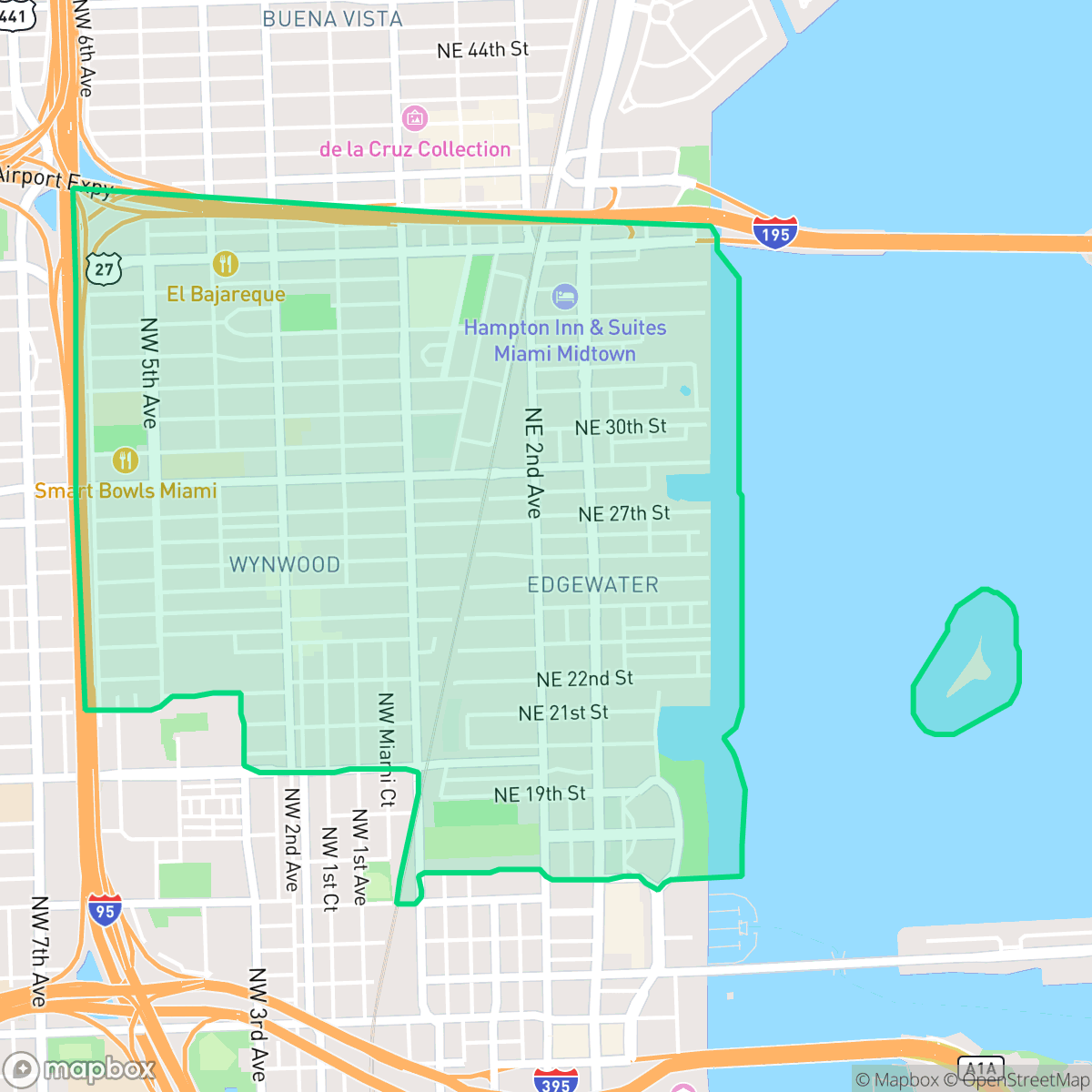 Map showing the location of Wynwood - Edgewater, Miami, FL