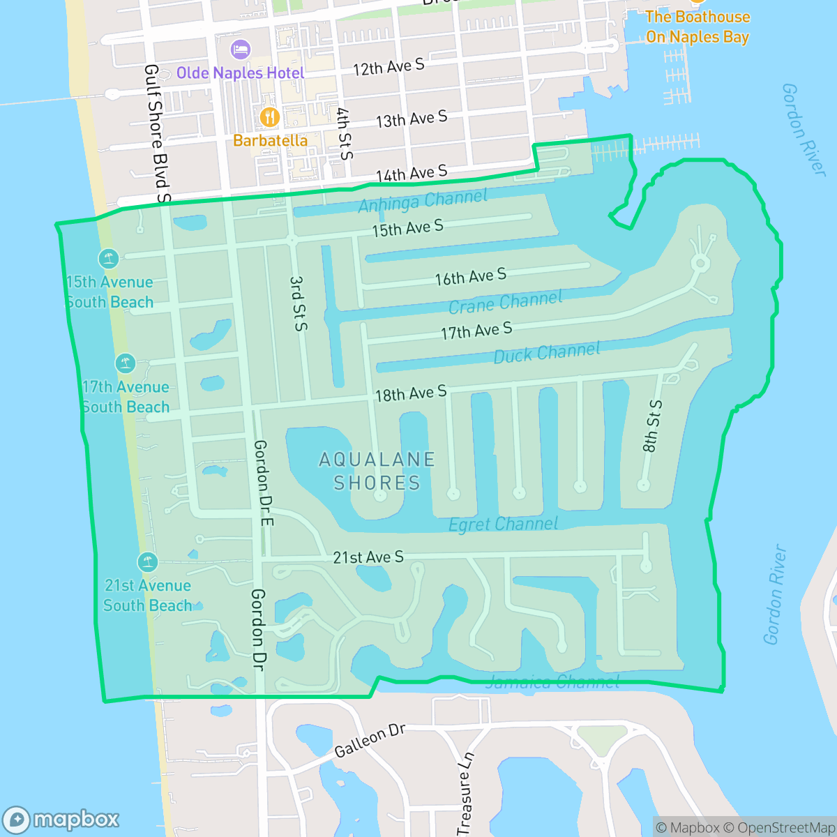 Map showing the location of Aqualane Shore, Naples, FL