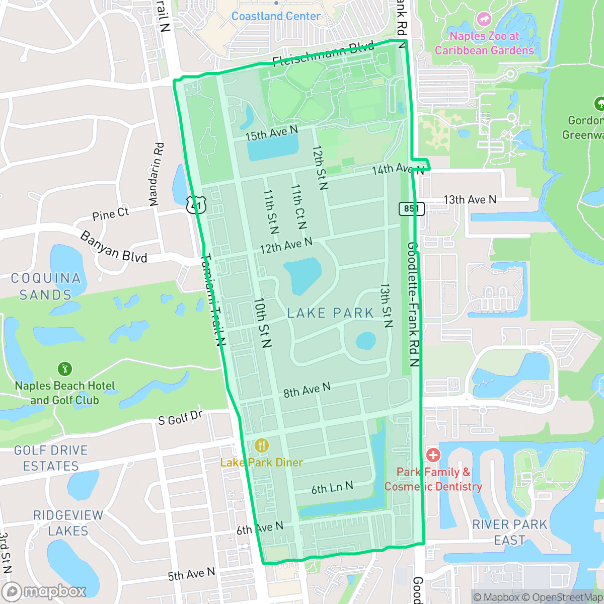 Map showing the location of Lake Park, Naples, FL