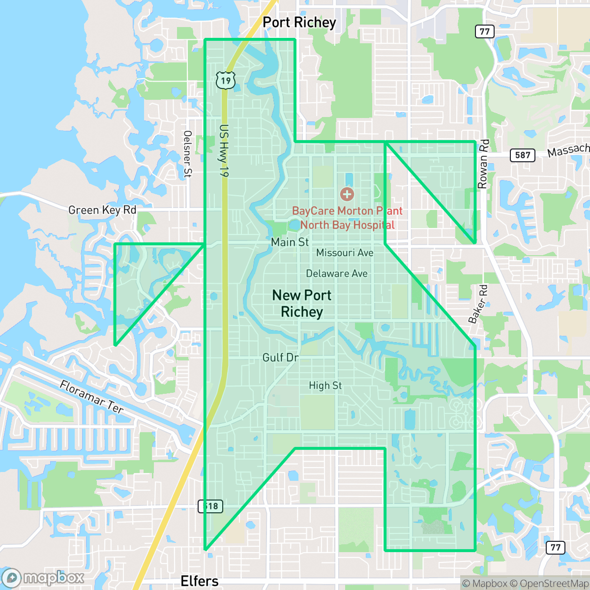 Map showing the location of New Port Richey, FL — coverage area