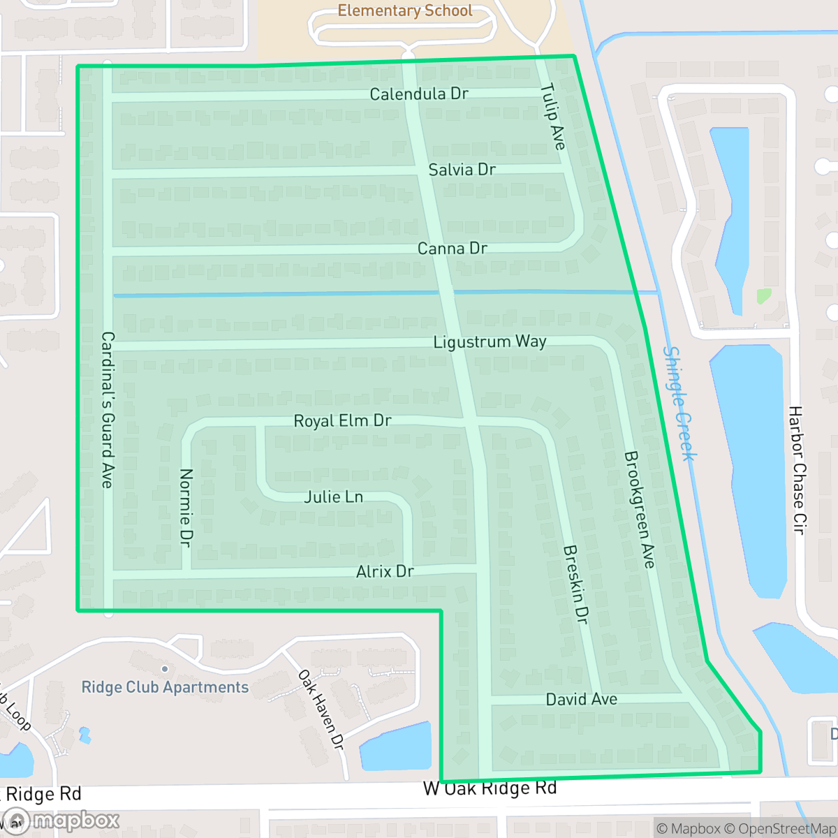 Map showing the location of Camellia Gardens, Oak Ridge, FL