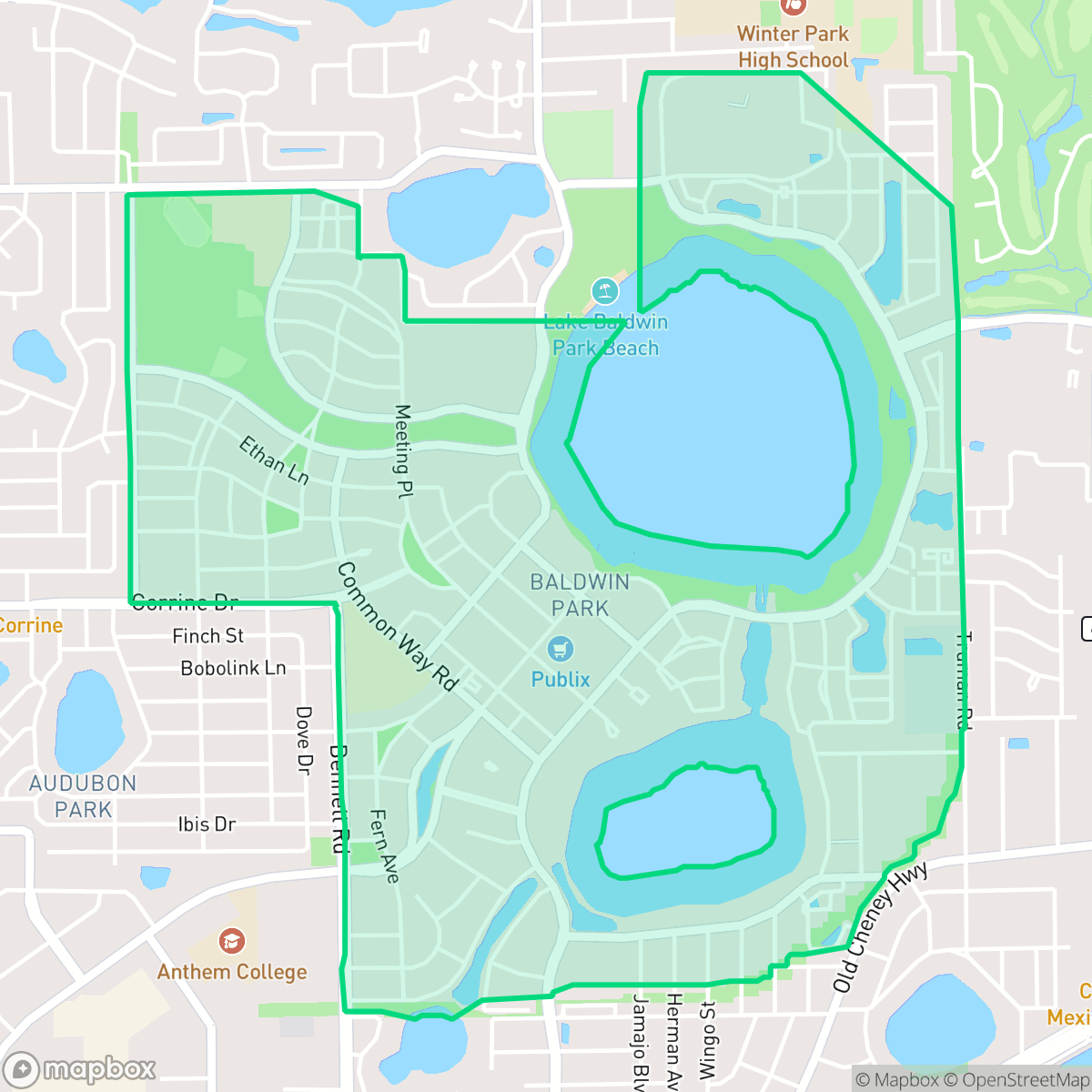 Map showing the location of Baldwin Park, Orlando, FL
