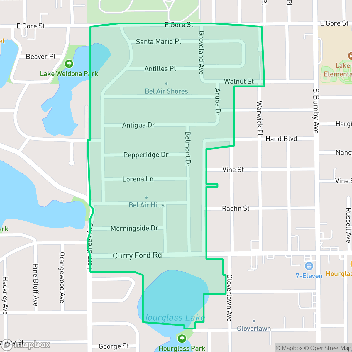 Map showing the location of Bel Air, Orlando, FL