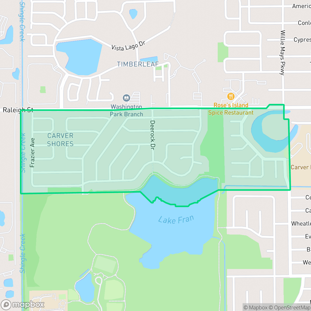 Map showing the location of Carver Shores, Orlando, FL
