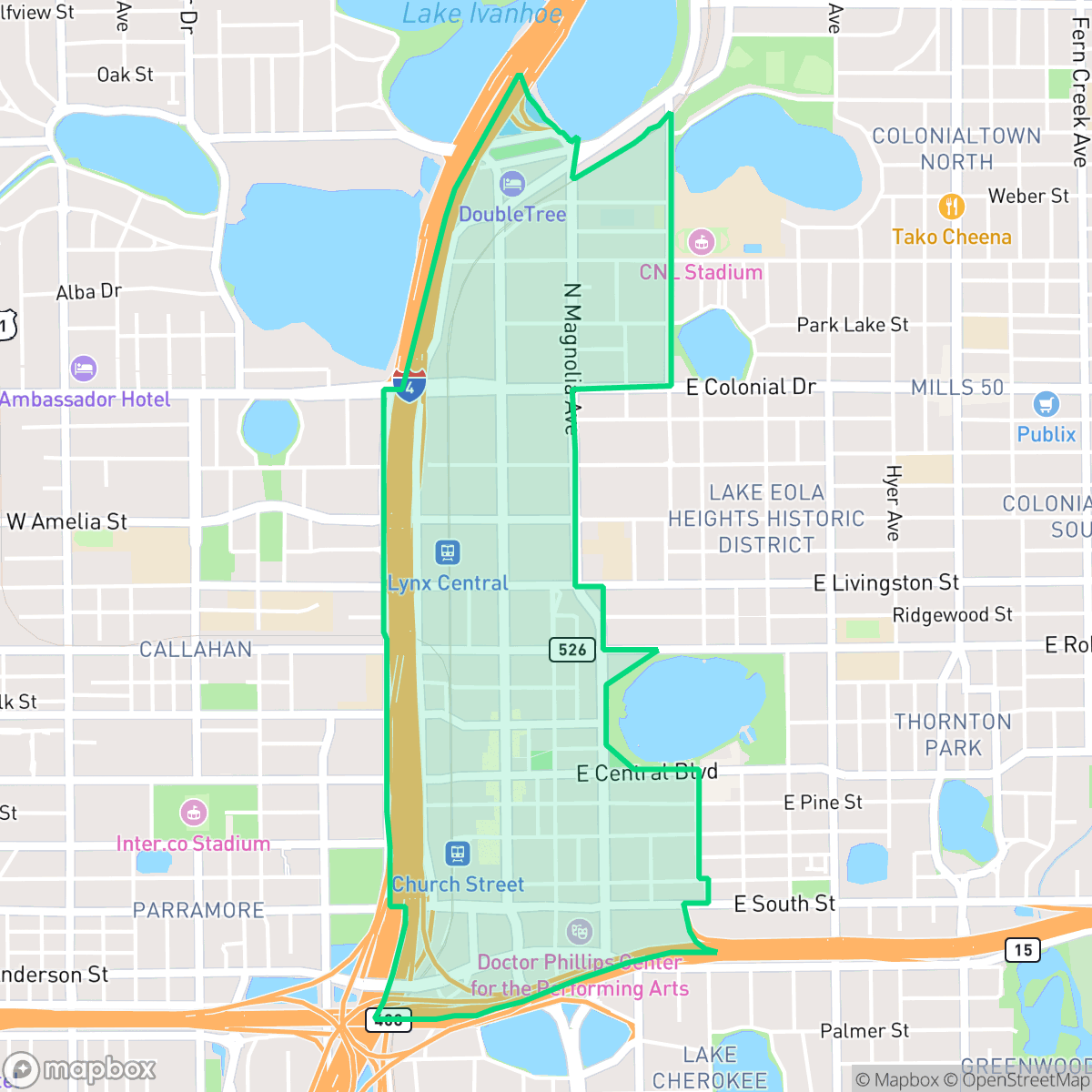 Map showing the location of Central Business District, Orlando, FL