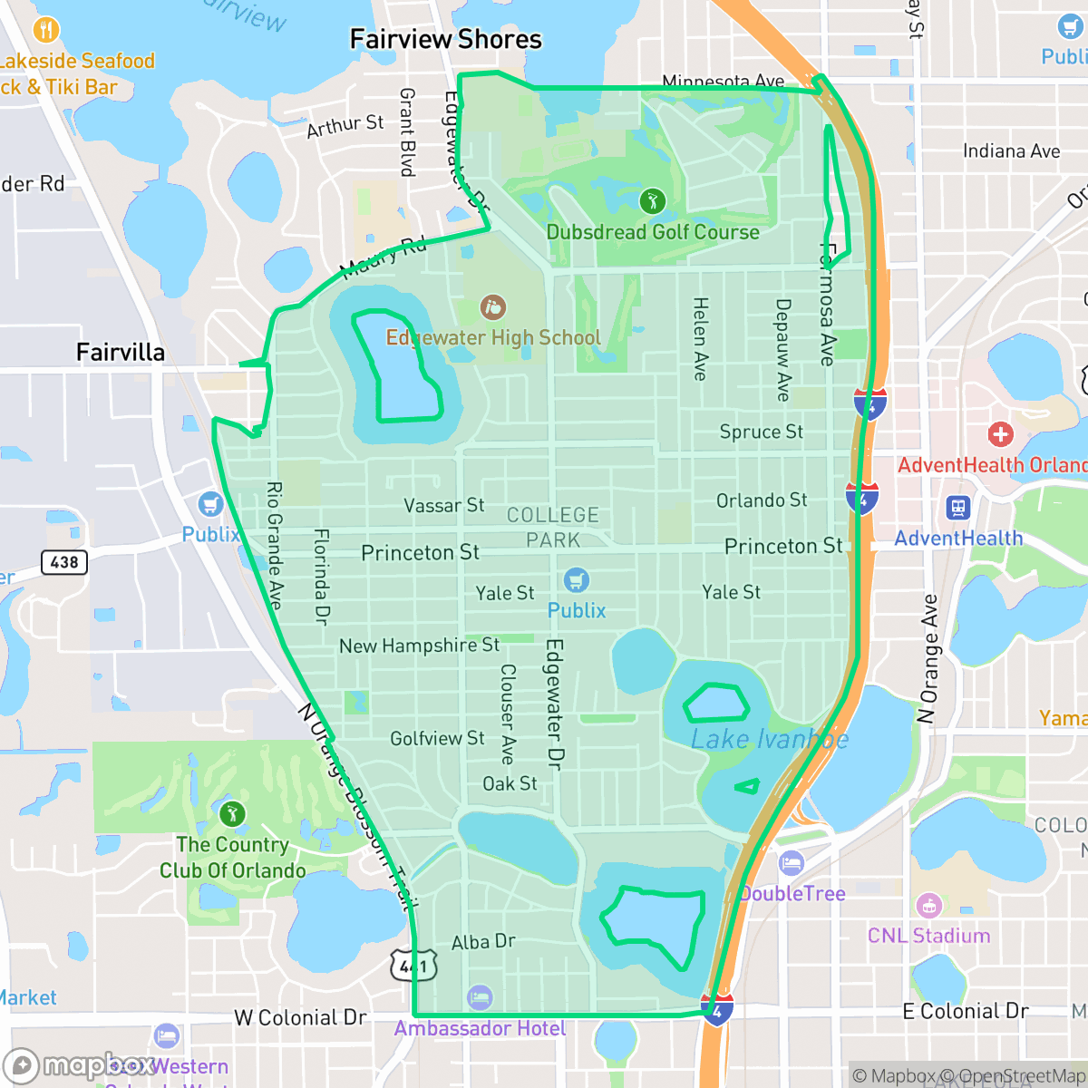 Map showing the location of College Park, Orlando, FL